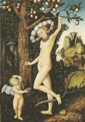 Lucas Cranach. Name:"Aphrodite and Eros" Museum:National Gallery, London, England Artist and Year:Lucas Cranach Sr.,ca. 1430 Theme:Aphrodite talks with her son Eros, who has been stung by bees.
