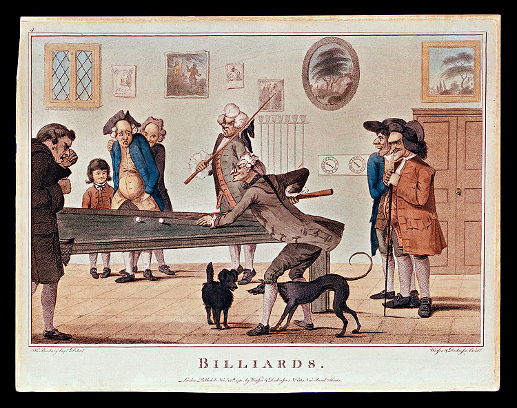  horse and foot races were sports of choice for improving a person's leisure hours. Indoors, a game of cards or billiards, seen here in an eighteenth-century English print by Henry Bunbury, prompted friendly competition at the local tavern.