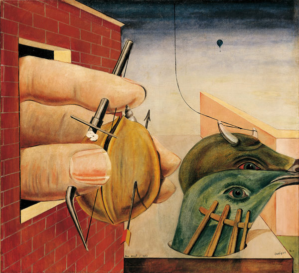 Ernst. oedipus rex. 1922. ''German Dada artist Max Ernst was one of the first to take his inspiration from De Chirico’s teachings, with such masterpieces as Oedipus Rex (1922). Ernst, arguably one of the greatest surrealist artists, explored the opportunities offered by chance and by subconscious automatism ''