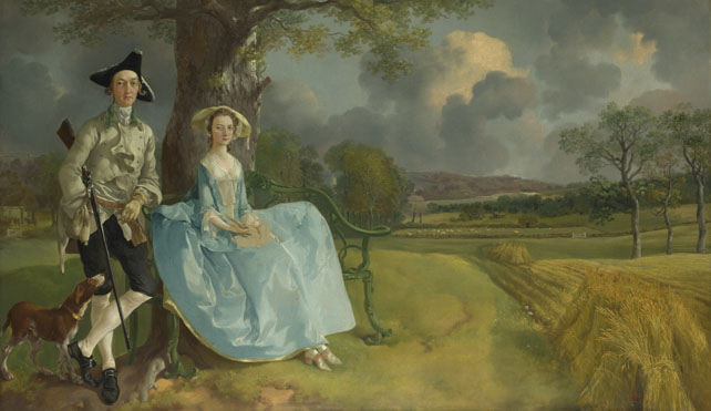Typical members of the British squirearchy, Mr. and Mrs. Robert Andrews appear under the lowering sky of their native Suffolk in a detail from an early work by Thomas Gainsborough that is now considered one of the artist's supreme masterpieces. Around 1748, when it was painted, landed gentry such as the Andrew's were able to lead a life of extraordinary privilege and freedom. 