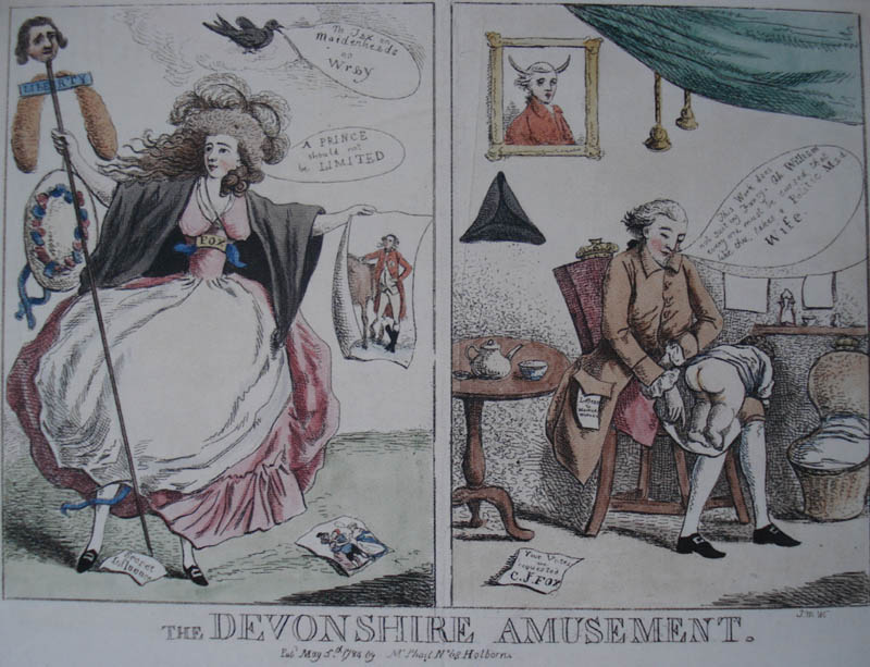 ''The above image is one of my favorite depictions of her Grace. It is a satirical image from 1784, which happened to be a very big year in the Duchess' life. Not only did she have her first child after years of painful miscarriages, but she also became notorious for her part in the 1784 Westminster elections. In fact, this seemed to be the thing she became the most known for, besides of course being a leader of fashion. She became the first woman to canvass for a political leader, hers being Charles James Fox. The image shows Georgiana on the left brandishing a staff with the head of Fox on it, identifiable by the fox tails. She holds in her other hand an image of the Prince of Wales, another Whig figurehead. In the right panel we see her cuckolded husband tending to their child.''