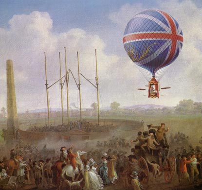 ''“Vincent Lunardi used a Union Jack design on all his later balloons, and attracted increasingly large crowds to his launches. In 1785 he took his displays as far north as Edinburgh. But he often had trouble with crowd control, and rowdy disturbances became an important element in the balloon craze. It was dangerous to delay departure beyond the promised hour, even if the balloon was not sufficiently inflated or the wind was adverse. When the newspapers reported a successful launch, it often simply meant that the balloon had lifted off on time and no one in the crowd had been killed.”  “Lunardi’s reputation was badly damaged the following year, when on 23 August at Newcastle a young man, Ralph Heron, was caught in one of the restraining ropes, lifted some hundred feet into the air, and then fell to his death.''
