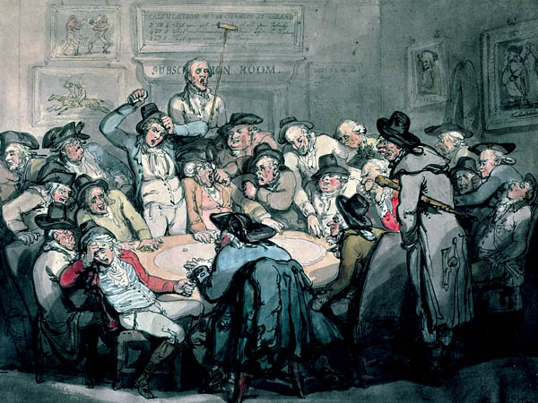 English: Thomas Rowlandson, brother satirist to Hogarth, painted his version of a gaming den in The Hazard Room. On the walls is a bouquet of gambler’s delights: boxing, horse racing, the odds of the day, and the patron saint of card games, Edmond Hoyle. Date	 1 January 1792
