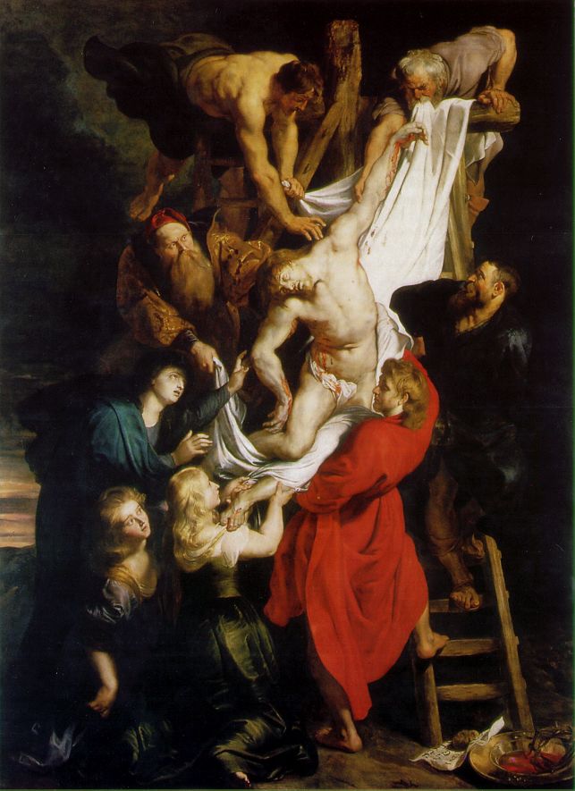 "Altarpieces such as The Raising of the Cross (1610) and The Descent from the Cross (1612-1614) for the Cathedral of Our Lady were particularly important in establishing Rubens as Flanders' leading painter shortly after his return. The Raising of the Cross, for example, demonstrates the artist's synthesis of Tintoretto's Crucifixion for the Scuola di San Rocco in Venice, Michelangelo's dynamic figures, and Rubens's own personal style. This painting has been held as a prime example of Baroque religious art."