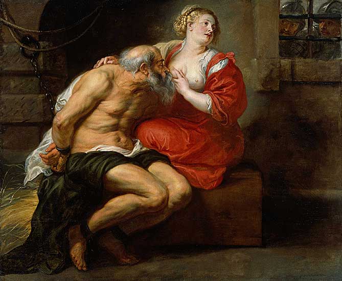 Cimon and Pero. 1630. "When the aged Cimon was forced to starve in prison before his execution, his devoted daughter Pero secretly visited her father to nourish him at her own breast. In his Memorable Acts and Sayings of the Ancient Romans, the ancient Roman historian Valerius Maximus, Pero's selfless devotion was presented as the highest example of honoring one's parent. In the 1600s, major artists painted dramatic versions of the popular subject, which Jean-Baptiste Greuze and other artists revived a century later."