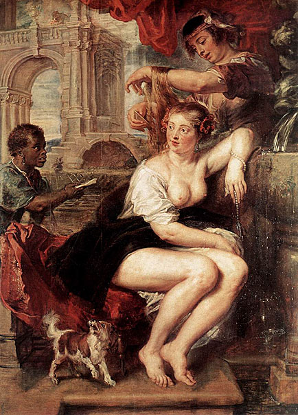 Rubens. Bathsheba at the Fountain. 1635.Rubens depicts Bathsheba at her toilet, sitting at a fountain. A messenger is shown arriving with a letter sent by King David who is barely visible at the upper left corner of the painting.