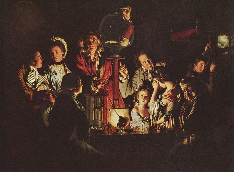 ''Joseph Wright is notable for his use of Chiaroscuro effect, which emphasises the contrast of light and dark, and for his paintings of candle-lit subjects. His paintings of the birth of science out of alchemy, often based on the meetings of the Lunar Society, a group of very influential scientists and industrialists living in the English Midlands, are a significant record of the struggle of science against religious values in the period known as the Age of Enlightenment.''
