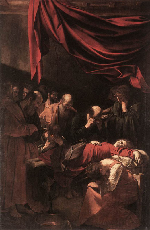 The Death of the Virgin. 1606. "The depiction of the Death of the Virgin caused a contemporary stir, and was rejected as unfit by the parish. Subsequently, upon the recommendation by Peter Paul Rubens, who praised it as one of Caravaggio's best, the painting was bought by Charles I, Duke of Mantua. It then travelled to the Court of Charles I of England, and finally to France. Today it hangs in the Louvre. Prior to leaving Rome, it was exposed at the Academy of Painters for under two weeks, however, by then, Caravaggio had fled Rome, never to publicly return. During one of his frequent brawls in Rome, the mercurial and impulsive Caravaggio killed a man, Ranuccio Tomassoni, during a sword fight after a tennis game."