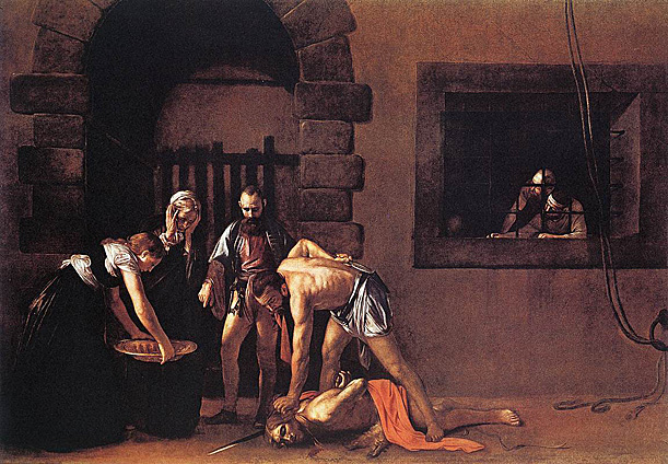 Caravaggio. The Beheading of Saint John the Baptist. "The Beheading of Saint John the Baptist is a painting finished in 1608 by the Italian Baroque painter Caravaggio. It is housed in the St. John's Co-Cathedral of La Valletta, Malta.  The most important painting that Caravaggio made in Malta considered by many to be his greatest masterpiece.  A magical balance of all the parts characterizes the piece. It is no accident that the artist brings into the painting precise reference to the setting, placing behind the figures as a backdrop the severe 16th century architecture of the prison building. At the window two figures silently witness the scene, and the commentators are thus drawn into the painting. They are not projected toward the outside as Caravaggio painted in the Martyrdom of St. Matthew.  Figures well-known to him return (the old woman, the youth, the nude ruffian, the bearded nobleman), as do Lombard elements. The technical means adhere to the deliberate, programmatic limitation to which Caravaggio adapts them; but amid these soft tones, these dark colors, is an impressive sense of drawing that the artist does not give up, and that is visible even through the synoptic glints of light of his late works. This eminently classical balance, which projects the event beyond contingency, unleashes a harsh drama that is even more effective to the extent that, having given up the "aesthetic of exclamation" forever, Caravaggio limits every external, excessive sign of emotional emphasis. The painter signed in the Baptist's blood: "f (perhaps to understood as fecit rather than frater) michela...". This is the seal he placed on what may well be his greatest masterpiece."