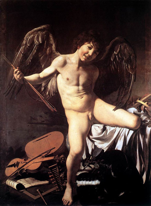 "Caravaggio's second playful adaptation of a work by Michelangelo is his Victorious Amor in Berlin. By reducing the Victory, Michelangelo's most manneristic and elongated figure, to stocky boyish proportions, the Amor must have appeared as an outrage bordering on sacrilege to those still adhering to Michelangelesque canons.  The posture of his lower limbs, one leg extended and the other bent back at almost a right angle to the body, clearly imitates Michelangelo's figure; the only difference is that the Victory crushes between his legs the pathetic head of a bearded old man, like Mithras killing the bull, while Cupid's left leg rests casually on the table which is covered with white drapery. Above the waist, however, nothing remains to recall Michelangelo. The sturdy torso and insolent, lively expression, totally alien to the athletic beauty of Michelangelo's figure with its spiraling torsion and empty face, might have been drawn from a street urchin"