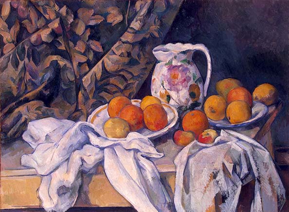 Still Life With a Curtain. 1895. "Most of his pictures are still lifes. These were done in the studio, with simple props; a cloth, some apples, a vase or bowl and, later in his career, plaster sculptures. Cézanne's still lifes are both traditional and modern. The fruits and objects are readily identifiable, but they have no aroma, no sensual or tactile appeal and no other function other than as passive decorative objects coexisting in the same flat space. They bear no relation to the colorful vegetables of Provence -- gorgeous red tomatoes, purple aubergines, and bright green courgettes. In his pursuit of the essence of art, Cézanne had to suppress earthly delights."