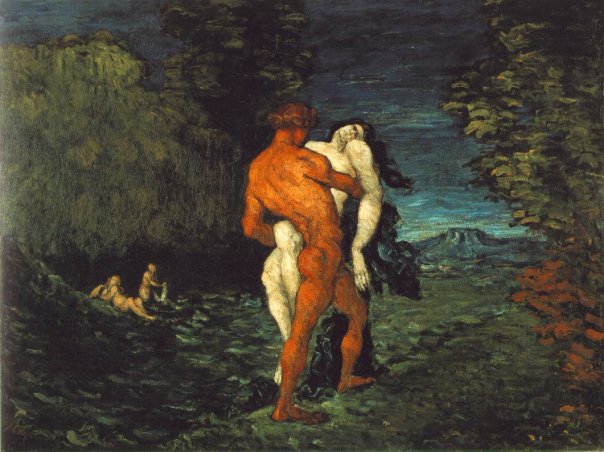 "The exceptionally dark landscape accentuates the unrestrained eroticism and violence of this image with the submissive pose of a naked female with her head tilted backwards and her dangling arms and legs linked incongruously and grotesquely to her body. In this painting, Cézanne’s attempt to attain mastery over women’s sexuality is clearly conveyed by his manipulation of the male figure absconding with the nude woman: it is the powerful and forceful stride of the muscular male figure clutching the flaccidly posed naked female and carrying her off into the woods that reflects Cézanne’s effort to dominate women’s sexuality."