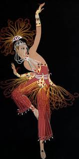 "Images created by Erté influenced dance costuming, both directly through his own designs, and indirectly by establishing the silhouettes, the "lines," the "dancerly look." His costume ideas have been emulated and echoed by dancers and dance theaters of all genres and styles -- ballet, modern, bellydancers, Las Vegas showgirls and drag queens. "