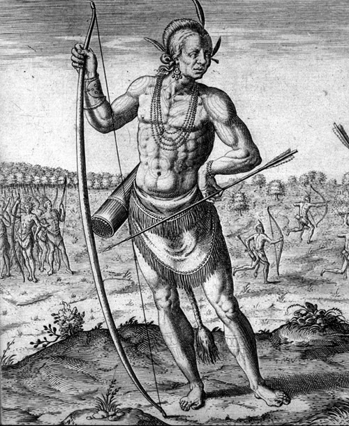 "engraved by Thomas de Bry in 1590 and was based on a drawing by John Smith in 1588. Titled "A Werowan or Great Lord of Virginia," the portrait shows a Powhatan Indian holding a bow and arrow used for hunting and protection. His clothing and accessories are typical of pre-European contact Native American culture. "