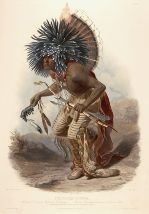 "Moenntarri Warrior in the costume of the dog danse". Wied, Maximilian, Prinz von. Travels in the interior of North America during the years 1832-1834; illustrations by Karl Bodmer.