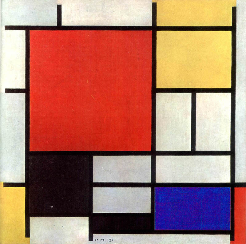 "Mondrian’s studioThe prime mover of the De Stijl movement was the radically abstract painter Piet Mondrian. He created an entirely human-made reality and his artistic theories, expounded in the magazine, became De Stijl the movement. To Mondrian, red, yellow and blue were the only colours, apart from black and white. Yellow was expansive and vertical, blue the opposite to yellow – soft, retiring, horizontal. Red expressed the radiating movement of life, uniting yellow and blue in an ‘inner’ way, unlike their common mixture, green. Mondrian avoided the use of the colour green, because of its association with nature, and contemporaries recall the painter’s manouverings to avoid having to look out the window at fields or trees. His paintings, with their asymmetrical black lines looked like they were part of a larger environment."