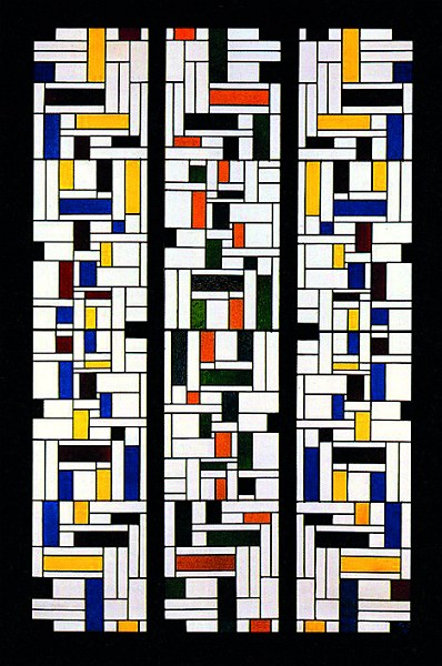 "Theo van Doesburg Stained-Glass Composition IV, stained-glass window in three parts for the hall, designs for the interior and exterior of the De Lange House, Alkmaar 1918 Kröller-Müller Museum, Otterlo"