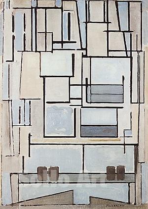 Mondrian. Blue facade. produced in Paris in 1914. A cubist version of a wall reduced to flat, geometric planes
