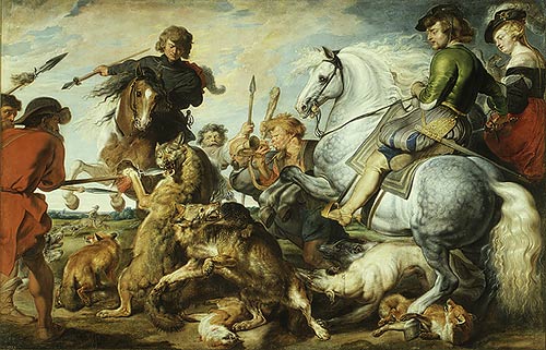 "A painting entitled Wolf and Fox Hunt was sold by him to English diplomat Sir Dudley Carleton in 1617, and another seems to have been purchased by the duke of Aershot. From a comparatively early time, the present painting was in Spain, whence it was removed in 1814 by Joseph Bonaparte; it later passed to the collection of Lord Ashburton. A number of copies of it are known. A drawing by Rubens for part of the composition is at Chatsworth. Like many large paintings of its kind produced in Rubens's workshop, it was executed by a number of different hands. Scholars disagree as to the extent of Rubens's personal participation, some ascribing to him the animals in the foreground and the three heads of huntsmen in the center, and some denying him any share in the execution of the work. The landscape was added after the horses and animals were complete, and has been given conjecturally to Jan Wildens. "