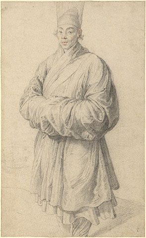 "Peter Paul Rubens probably made this portrait of a Korean man in formal costume as an independent work of art. Since contact between Europe and Korea was almost non-existent in Rubens's time, the means by which he came into contact with a Korean in Antwerp remains a mystery.   In the background, Rubens sketched a small boat to emphasize that his sitter was a visitor from a distant place, but he was clearly more interested in the man and his costume than in providing a detailed setting.   The drawing is one of Rubens's most meticulous portraits, enriched by the highlights added to the man's face. Fascinated by the play of light on the silk, Rubens used the softness of the black chalk and the whiteness of the paper to create the man's shimmering costume. This drawing later inspired one of the central figures in Rubens's painting The Miracles of Saint Francis Xavier in the Kunsthistorisches Museum, Vienna. " Getty Museum