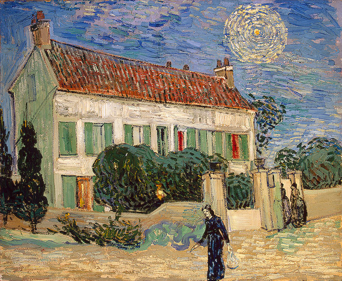 "...where van Gogh could live near Paul Gachet, a physician and friend of the artists. He abstained from drinking by now and remained free from seizures and confusional episodes. His art was beginning to gain recognition, and a painting had been sold. But further financial support became uncertain as Theo’s health began to fail. There were some bitter words between the brothers, and Vincent felt himself to be a burden. Still, he worked at a furious pace, completing 70 paintings and 30 drawings during his 70 days at Auvers. The heavenly bodies, so luminous in the past, now were absent from his skies, except for a single peculiar occasion (The White House at Night With Figures and a Star)"