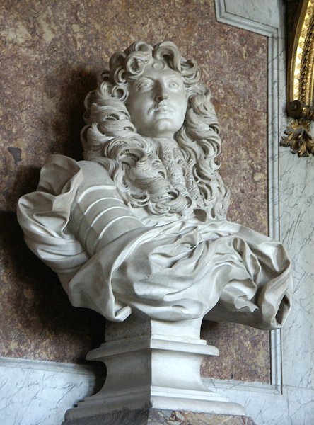 A multimedia sculpture of King Louis XIV wearing the Frenc…