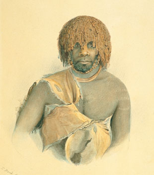 ---Dowling’s re-presentations of Bock’s images found their way to the Ethnological Society of Britain and the Royal Academy where they fed the interest in anthropology and primitive societies.  Although these paintings were created in London, using sketches from Bock’s originals and they eventually found their way back to Australia as part of the swirl of cultural artefacts throughout the Empire.---click image for source...