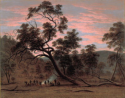 ---When Glover arrived in Hobart in 1831, the thirty-year conflict between the Tasmanian Aborigines and the European settlers was nearing an end. During this time George Augustus Robinson – the appointed Protector of Aborigines – had been relocating the majority of two hundred Indigenous people to Flinders Island. Only two months before he left Hobart for his new property of Patterdale in northern Tasmania, Glover made two group portraits showing twenty-six members of the Big River and Oyster Bay Aboriginal tribes before their transfer to Flinders Island. They became the subject of a number of significant paintings. Painted in 1832, the year of his move to Patterdale, A corrobery of natives in Mills Plains is Glover’s finest and probably earliest Aboriginal subject.---Read More:http://nga.gov.au/exhibition/turnertomonet/Detail.cfm?IRN=128979