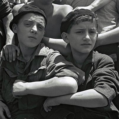 ---Jewish youths who were liberated from Auschwitz show their tattoos on board the refugee immigration ship Mataroa at Haifa port, on July 15, 1945....