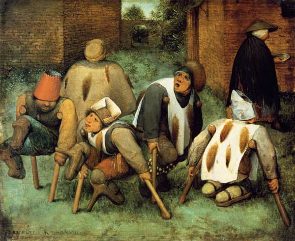 ---It is because of Bruegel's vision that the present-day observer finds it interesting. The artist sees the people not in God's image but as imperfect beings, the dust of the ground from which they were created characterizing them more than the divine breath which was breathed into it. Bruegel is demonstrating even more clearly than usual that the difference between man and animal is by no means as great as one might think. In taking the cripples' legs, he has stripped them of their means of walking upright. This has nothing to do with resignation; indeed, it seems more of a matter-of-fact observation. Nor is there any sense of sympathy; evidently this was relatively uncommon in the 16th century, there being simply too many beggars in the streets and in front of the churches. And anyway, Bruegel's concern was not so much with the beggars as such, of course, as with beggars as representatives, whether of social groups or of a specific conception of man.---click image for source...