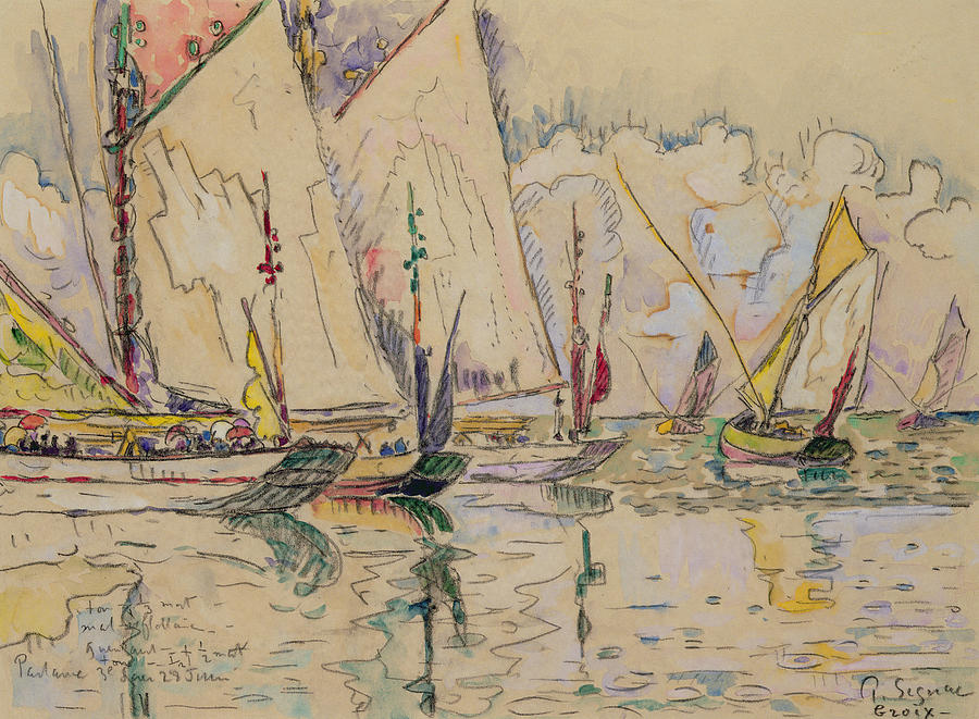 Paul Signac, Departure of the Tuna Boats at Groix; there were a few paintings by Signac, for whom water was an inspiration as it was for Claude Monet. click image for source...