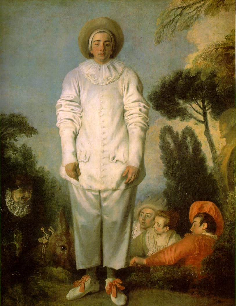---Above is the Louvre’s famous Watteau, the even larger Pierrot. The actor playing Pierrot is certainly different from the one in the Getty painting, and the foliage is much sketchier in the Getty painting. To the right of the Getty’s Pierrot is a Mezzetin who could be the same actor as in the Metropolitan Museum’s Mezzetin and the Hermitage’s Masquerade ---click image for source...