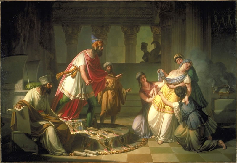 ---Queen Esther before. King Ahasuerus (c. 1815) by the Slovenian painter Francesco Caucig (1755-1828). Although Caucig is a lesser known artist his painting is a good example of the neoclassical style which dominated art at from the end of the 18th century. Interesting is also that Caucig didn’t use an entire classical scenery but rather something more oriental, that’s probably a result of the influence of historical studies.---click image for source...