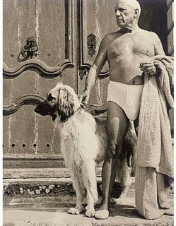 ---"Picasso in Underwear," photo by David Douglas Duncan, 1957. From the earliest age, the most famous artist of the 20th Century did whatever he wanted, which might include posing in his jockeys on his front doorstep at age 76.---click image for source...