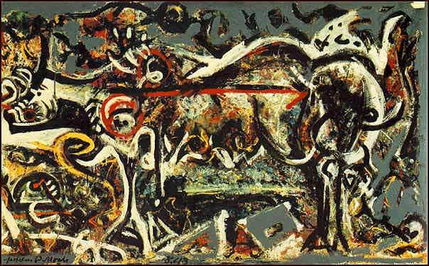 ---Pollock’s The She-Wolf, 1943, is also a good example of the influence of primitive art, Picasso, the Mexican muralists and Native American symbols on his work at the time.---click image for source...