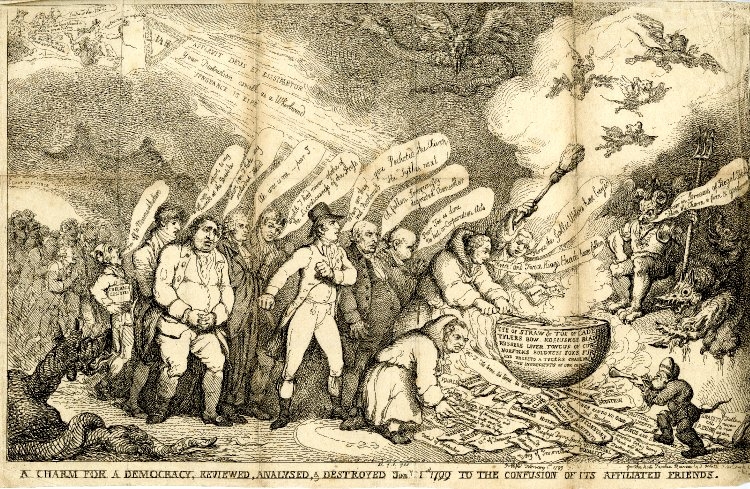 ---The Anti-Jacobin’s prime target in 1798-99 was not the individual influence of the charismatic lecturer in any case, but Opposition newspapers and essayists. Apart from the usual Whig suspects, Thelwall’s companions in the New Morality’s procession of villains include Godwin, Coleridge, Southey, Holcroft, and Priestley besides representations of the Morning Chronicle, the Courier, the Star and the Morning Post. In A Charm for a Democracy (1799), produced by Thomas Rowlandson for the Anti-Jacobin Review, another motley procession of radicals presides over a seditious cauldron heated by a bonfire of Jacobin texts, including Thelwall’s Rights of Nature, to a fare blown by a newsboy from the Courier. But this is a print that celebrates radical defeat; it is anything but alarmist. ---click image for source...