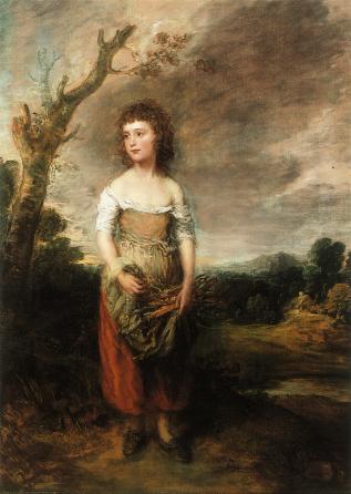 ---Gainsborough, Girl Gathering Faggots (Daughter of the Abdy family) 1782. This painting appeals to the idea of "charity" although the model for the girl was the daughter of an aristocratic family playing at being poor so this picture is also associated with retirement. At this time the aristocrats were in charge and the middle-class (or "middling sorts" as they were called) were a minor social category without the clear identity they achieved in the nineteenth century. Towards the end of eighteenth century it became more common to show the working class but associated with the idea of contentment. This idealisation was happening at a time, and perhaps because of, the increasing social unrest, sacking churches, rick burning, riots and so on.---click image for source...