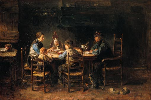 ---Van Gogh also admired Jozef Israels, a painter of fishermen and peasants whom van Gogh described to Theo as the "Dutch Millet". Jozef Israels, Peasant Family at Table.  Oil on canvas, 1882.  Approximately 28" x 41".  Van Gogh Museum, Amsterdam.---click image for source...
