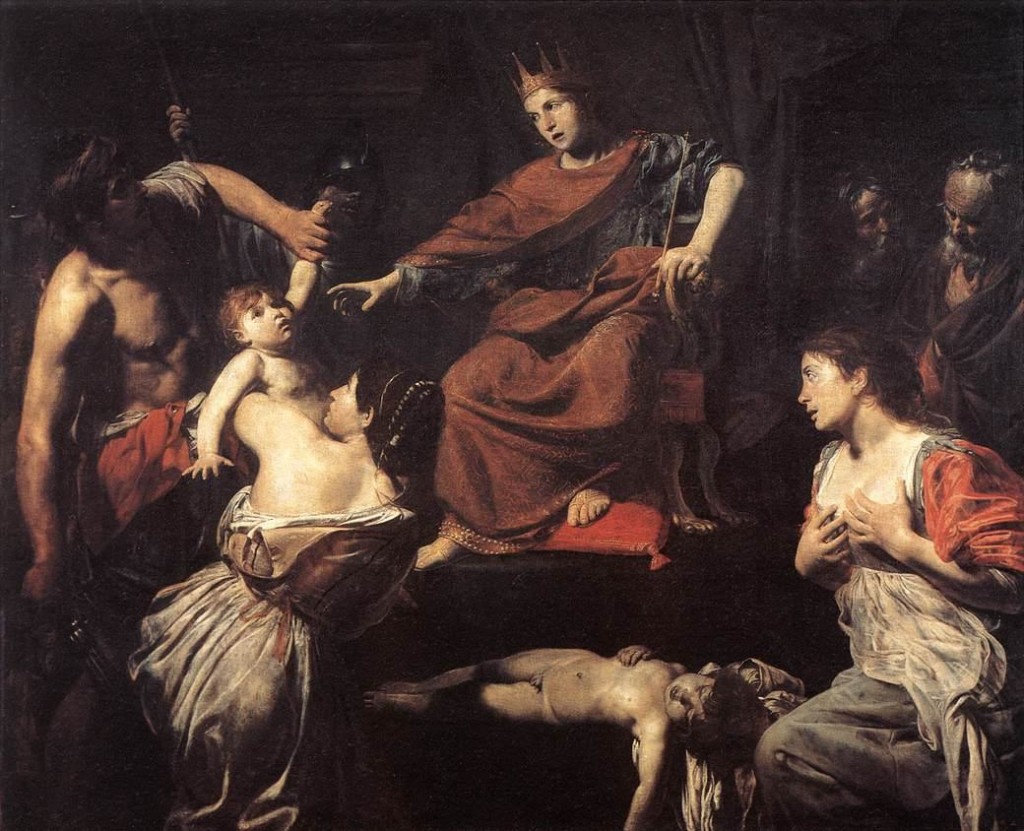 ---The Judgment of Solomon BOULOGNE (c. 1620) See http://www.wga.hu/frames-e.html?/html/v/valentin/solomoa.html for the source of the above photograph of the painting and a description.---