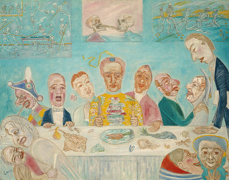 ---Ensor took delight in macabre nightmarish fantasies, like the one he portrayed in The Banquet of the Starved. Guests sit around the Last-Supper style table, clad in grotesque masks and engaged in a variety of sinful activities, inspired by the German occupation of Belgium and accompanying period of starvation: Above, The Banquet of the Starved, 1915.  The Metropolitan Museum of Art. ---click image for source...