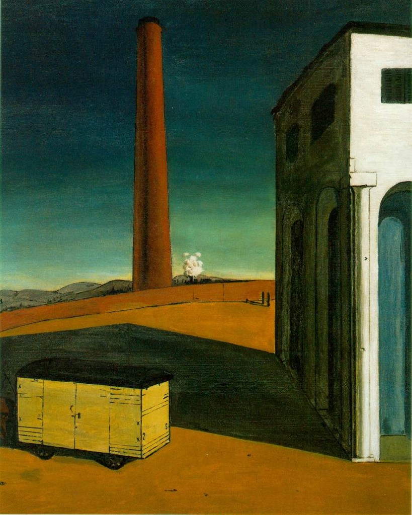 ---De Chirico’s iconography became significantly more sexualized in the works beginning in the year 1913, presumably as a result of encountering the poet Apollinaire, who encouraged the artist’s further development of symbols in this direction through more “evident… dialectical opposition” as a translation into painting of the poet’s commonly addressed themes concerning the Ariadne-Dionysus dichotomy and general “polarity between masculine and feminine elements (Baldacci, 164, 179).” This is most clearly seen in The Anguish of Departure through his use of “alternating solids and voids” particularly in the arcade architecture, the vaginal quality of the unknown empty spaces and empty, enclosed boxcar in the foreground, and the phallic nature of the large shadows and towers which consume the space (Soby, 69)---click image for source...