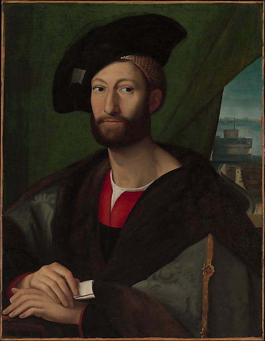 Metropolitan:This painting is an early copy of a portrait by Raphael of Giuliano de Medici, Pope Leo X's younger brother. Giuliano sat for his portrait so that it could be sent to Philiberte of Savoy, the aunt of Francis I of France, to whom he had become engaged. As the couple had not yet met the portrait gave her an idea of his appearance. The match was a political one. Pope Leo was hoping to cement the alliance between the French and the papacy. Portraits were often included in the diplomatic arrangements of such dynastic marriages. click image for source...